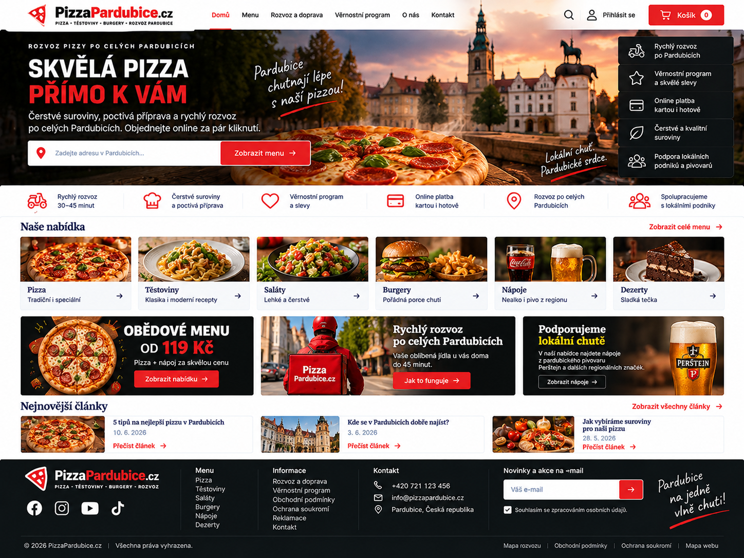 Ilustrační návrh pardubického pizza webu v červené, zelené a krémové paletě